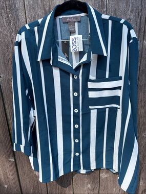 Olivia & Martin Women’s Teal and White Vertical Stripe Button-Up Blouse